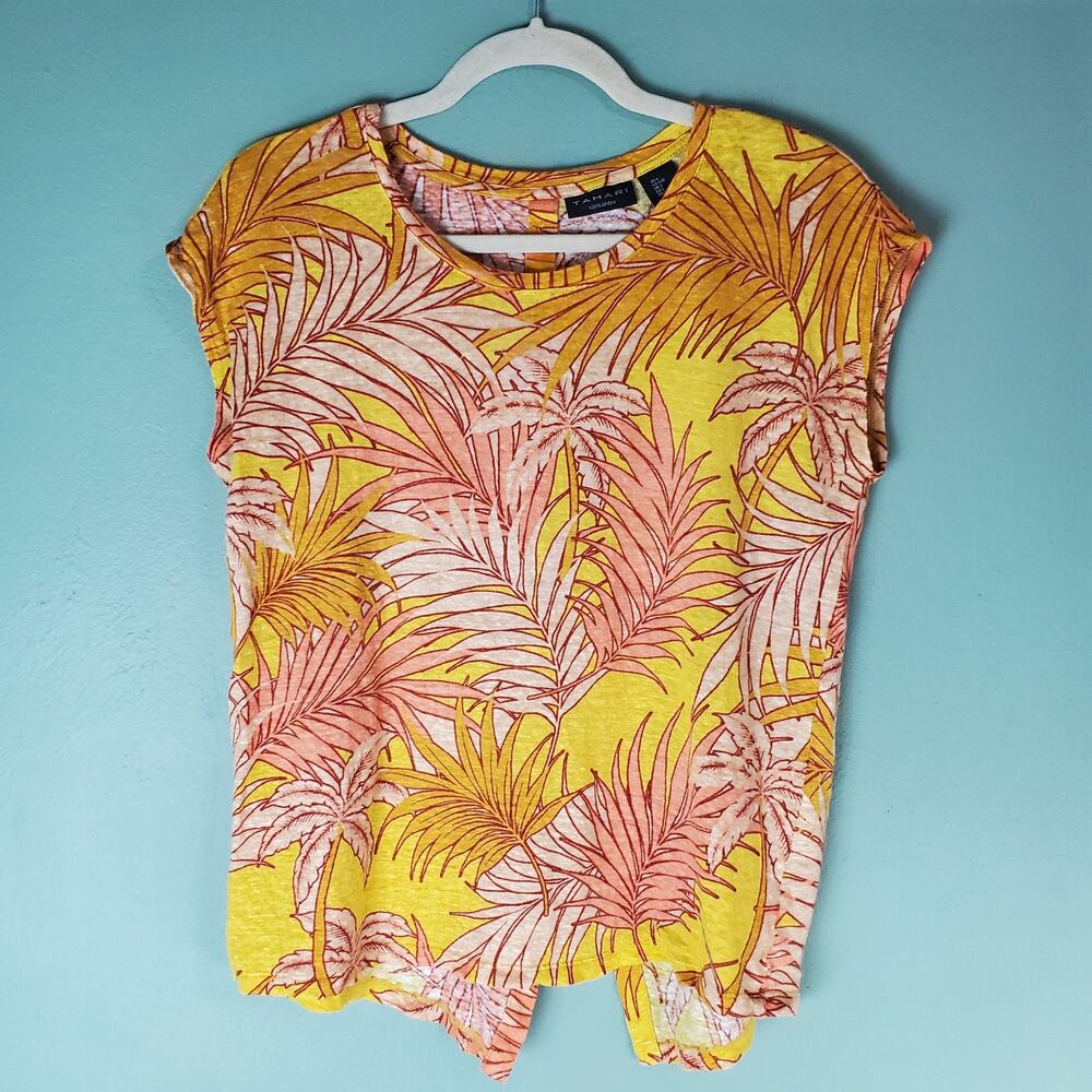 Tahari Women Large Tropical Palm Print Linen Short Sleeve Top Button Back Blouse